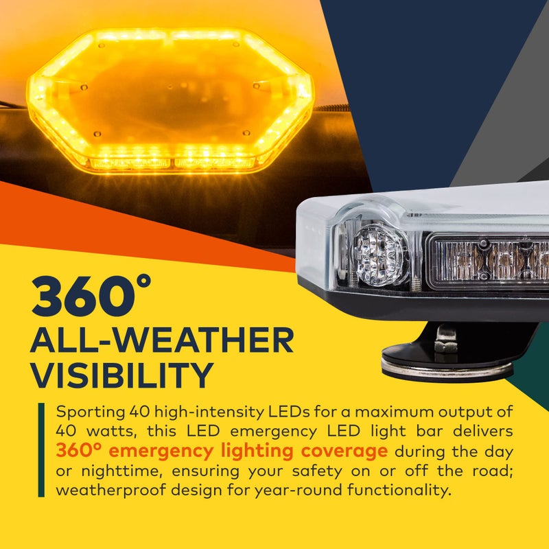 LAMPHUS NanoFlare NFMB40 12" 12V 40W AMBER LED Strobe Mini Light Bar [Magnet/Permanent Mount] Yellow Rooftop Rotating Safety Flashing Emergency Warning Beacon Lightbar for Work Truck Vehicle - Image 3